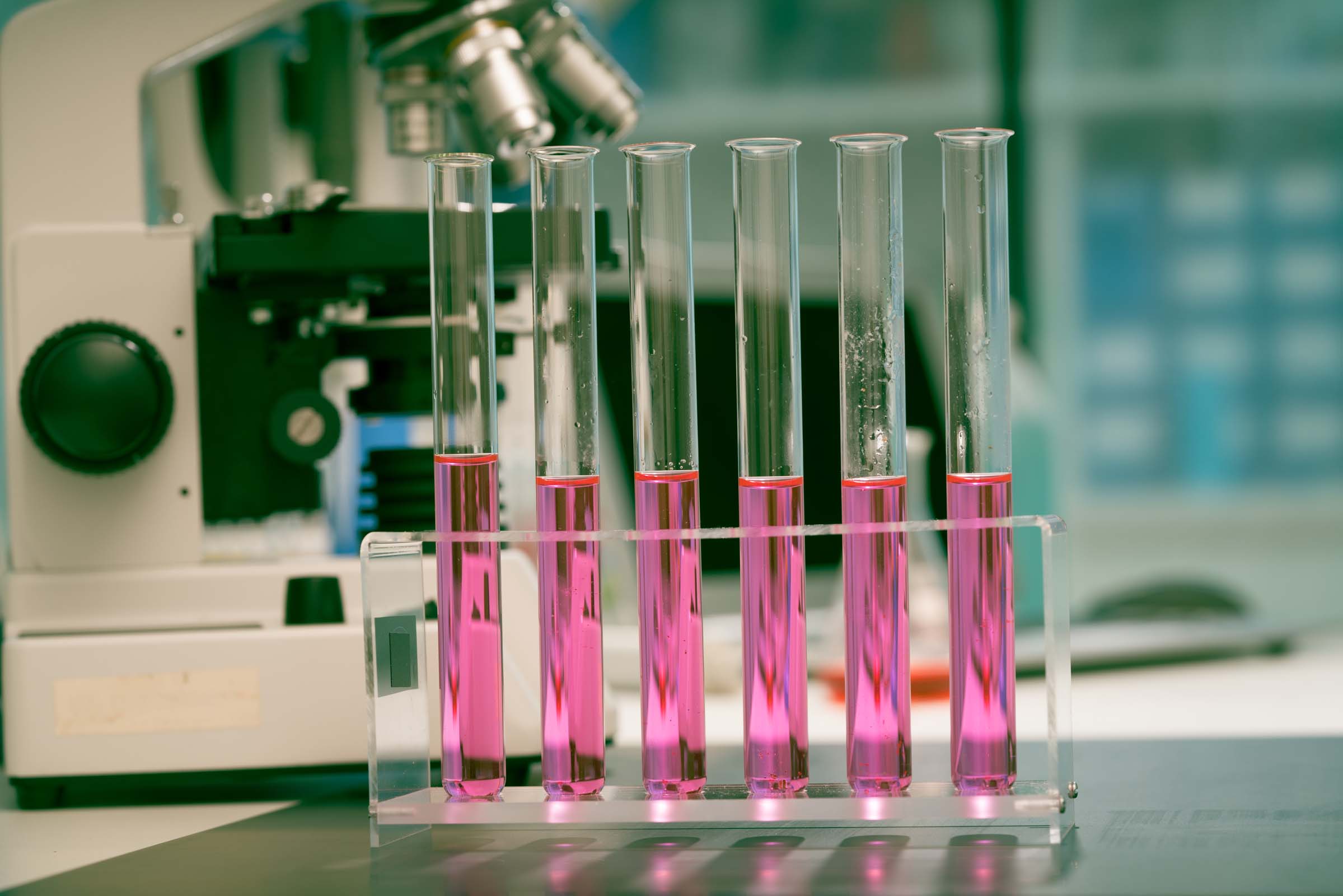 Reagenzgläser gefüllt mit einer rosa Flüssigkeit